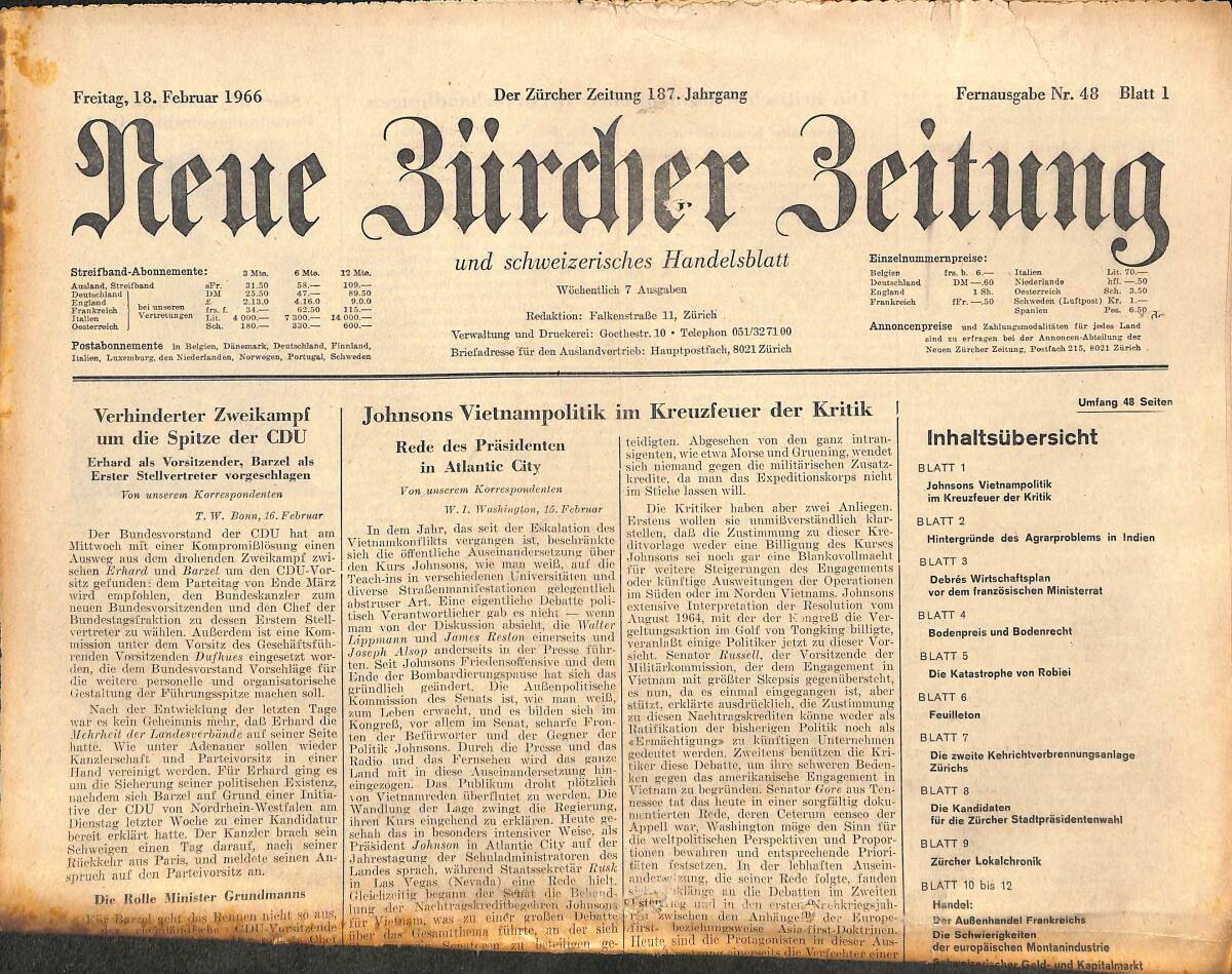 Neue Bürcher Beitung 18 Februar 1966 - Verhinderter Zweikampf Um Die Spitze Der CDU GZ141653 - 1