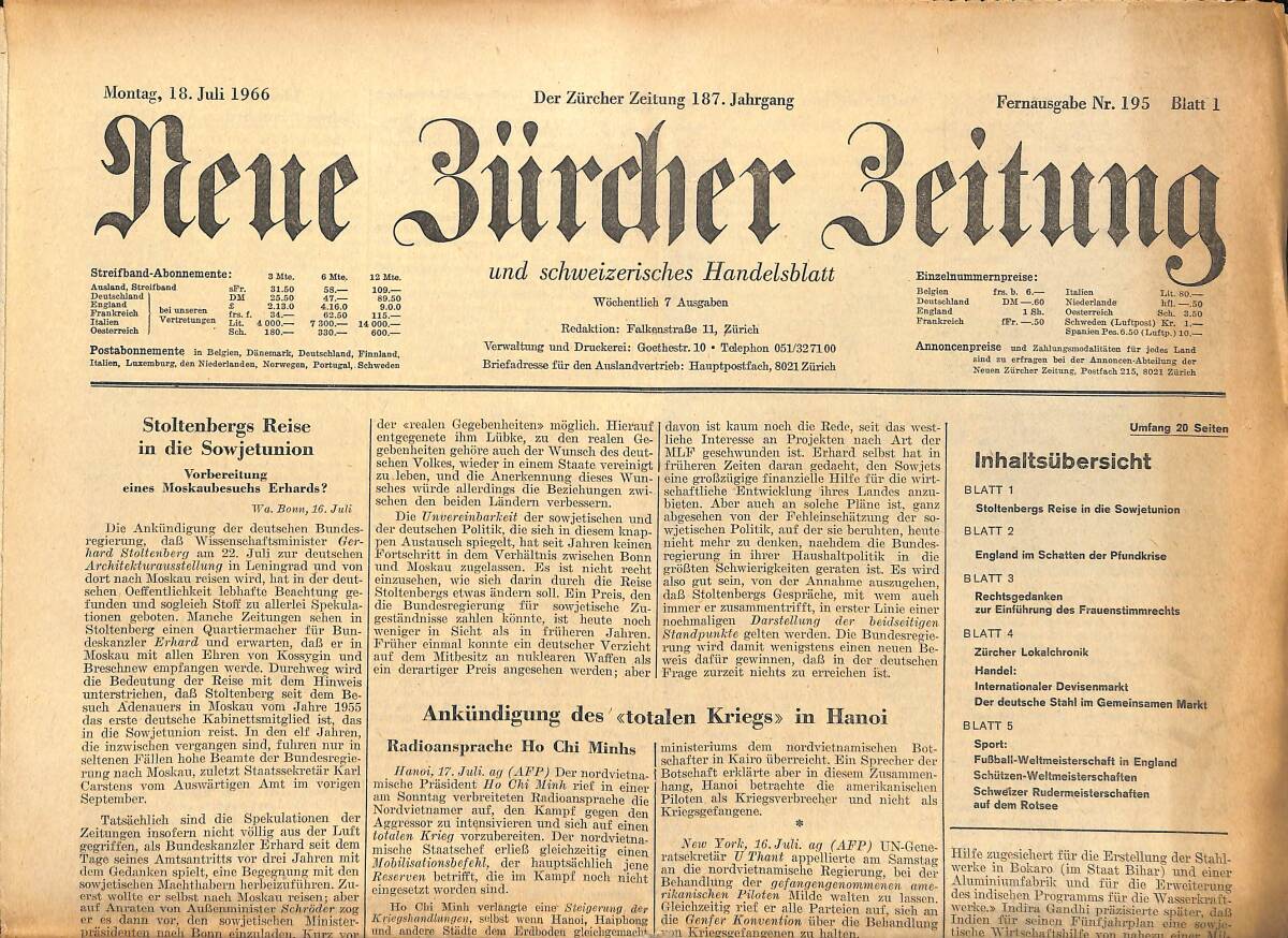 Neue Bürcher Beitung 18 Juli 1966 - Stoltenbergs Reise İn Die Sowjetunion GZ140867 - 1