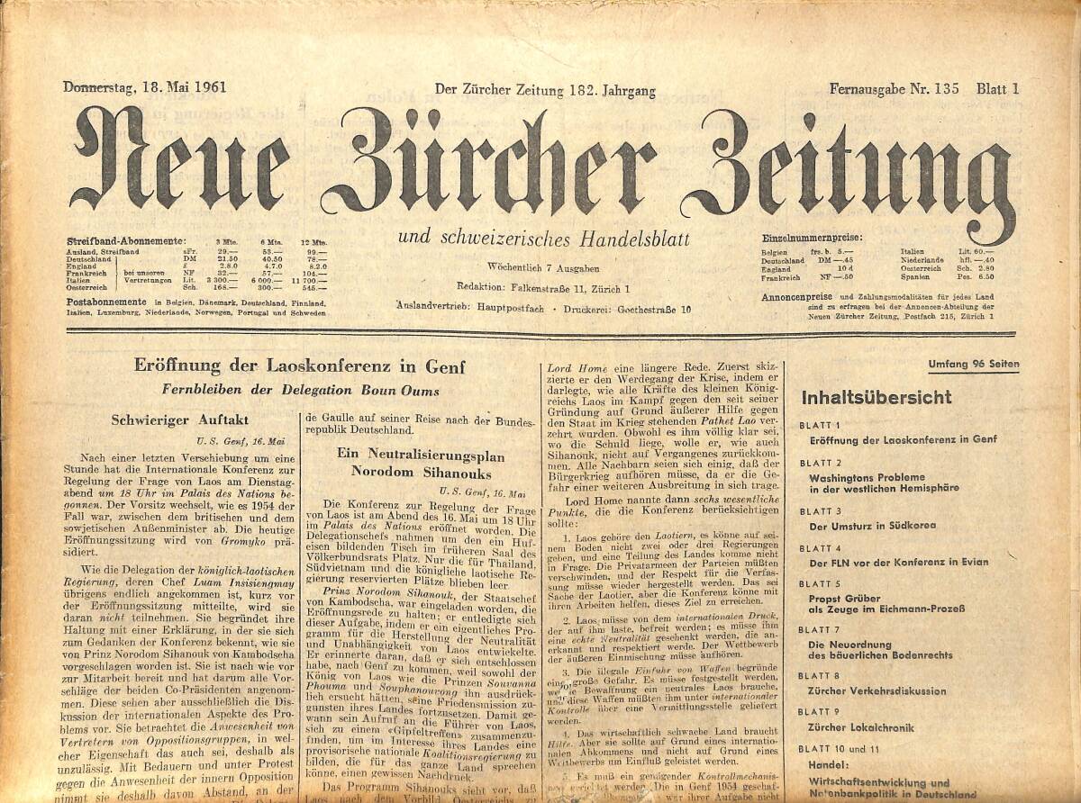 Neue Bürcher Beitung 18 Mai 1961 - Eröffnung Der Laoskonferenz İn Genf GZ141578 - 1