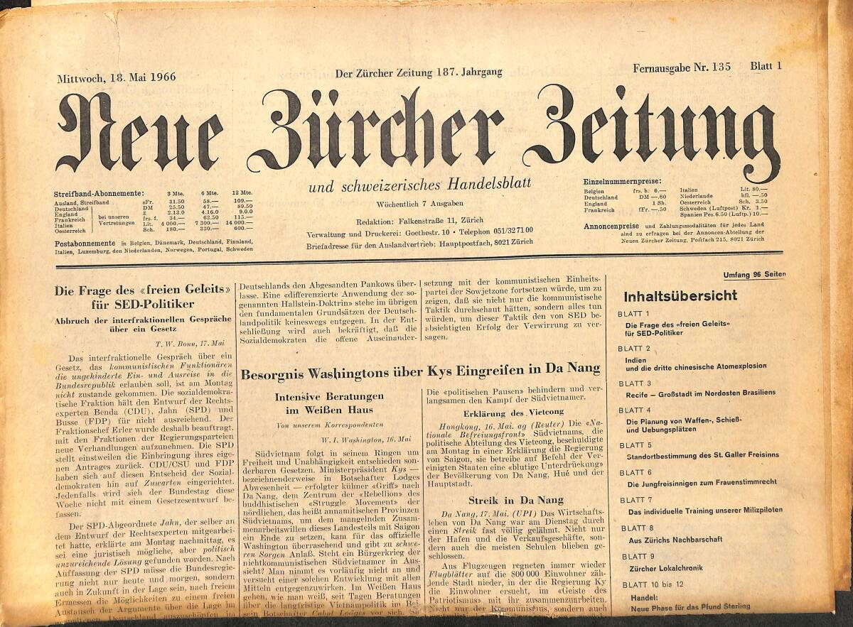 Neue Bürcher Beitung 18 Mai 1966 - Die Frage Des Freien Geleits Für SED- Politiker GZ141350 - 1
