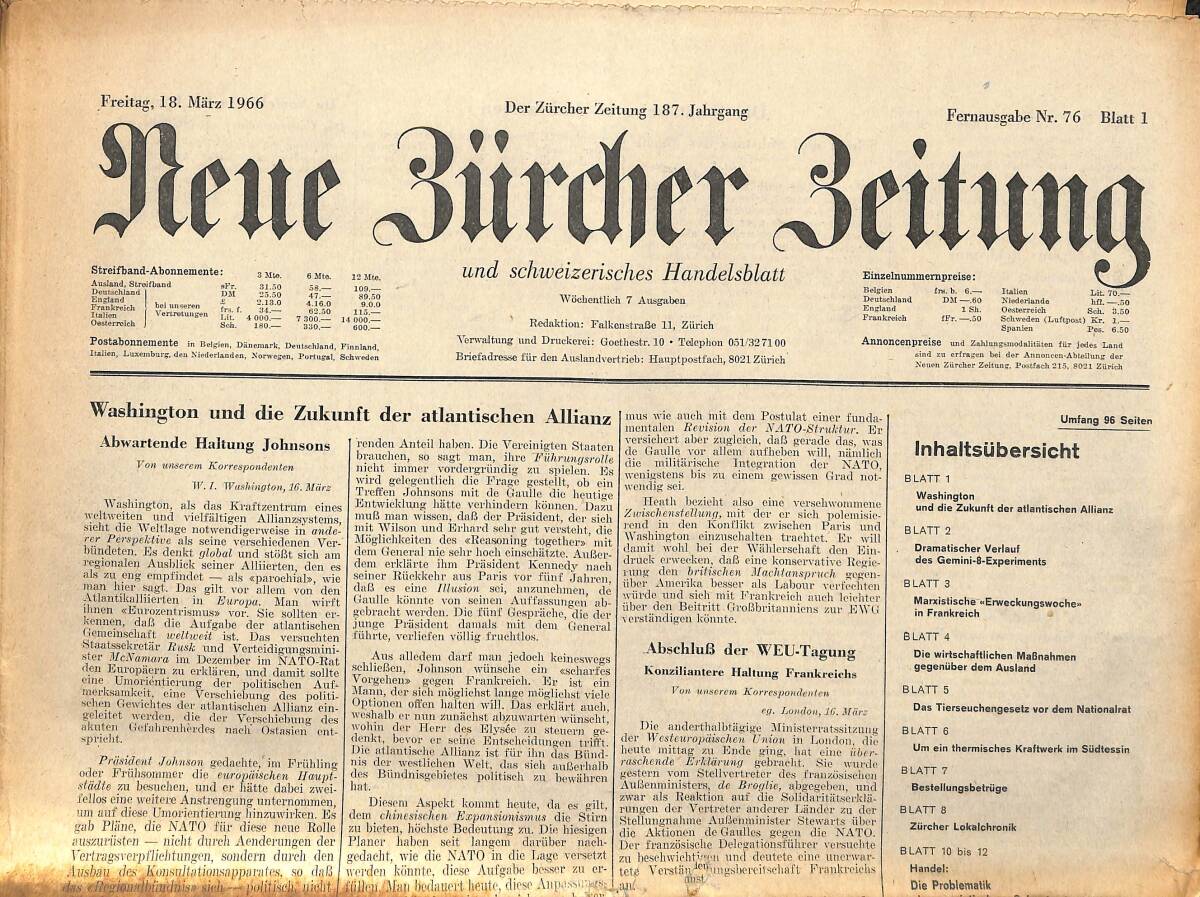 Neue Bürcher Beitung 18 Marz 1966 - Washington Und Die Zukunft Der Atlantischen Allianz GZ140864 - 1