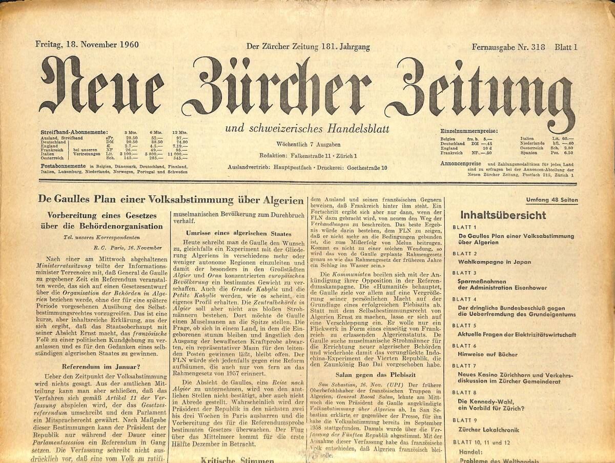 Neue Bürcher Beitung 18 November 1960 - De Gaulles Plan Einer Volksabstimmung Über Algerien GZ141623 - 1