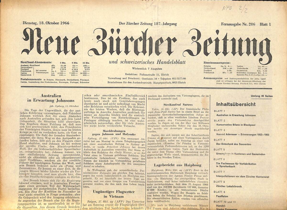 Neue Bürcher Beitung 18 Oktober 1966 - Australien İn Erwartung Johnsons GZ140958 - 1