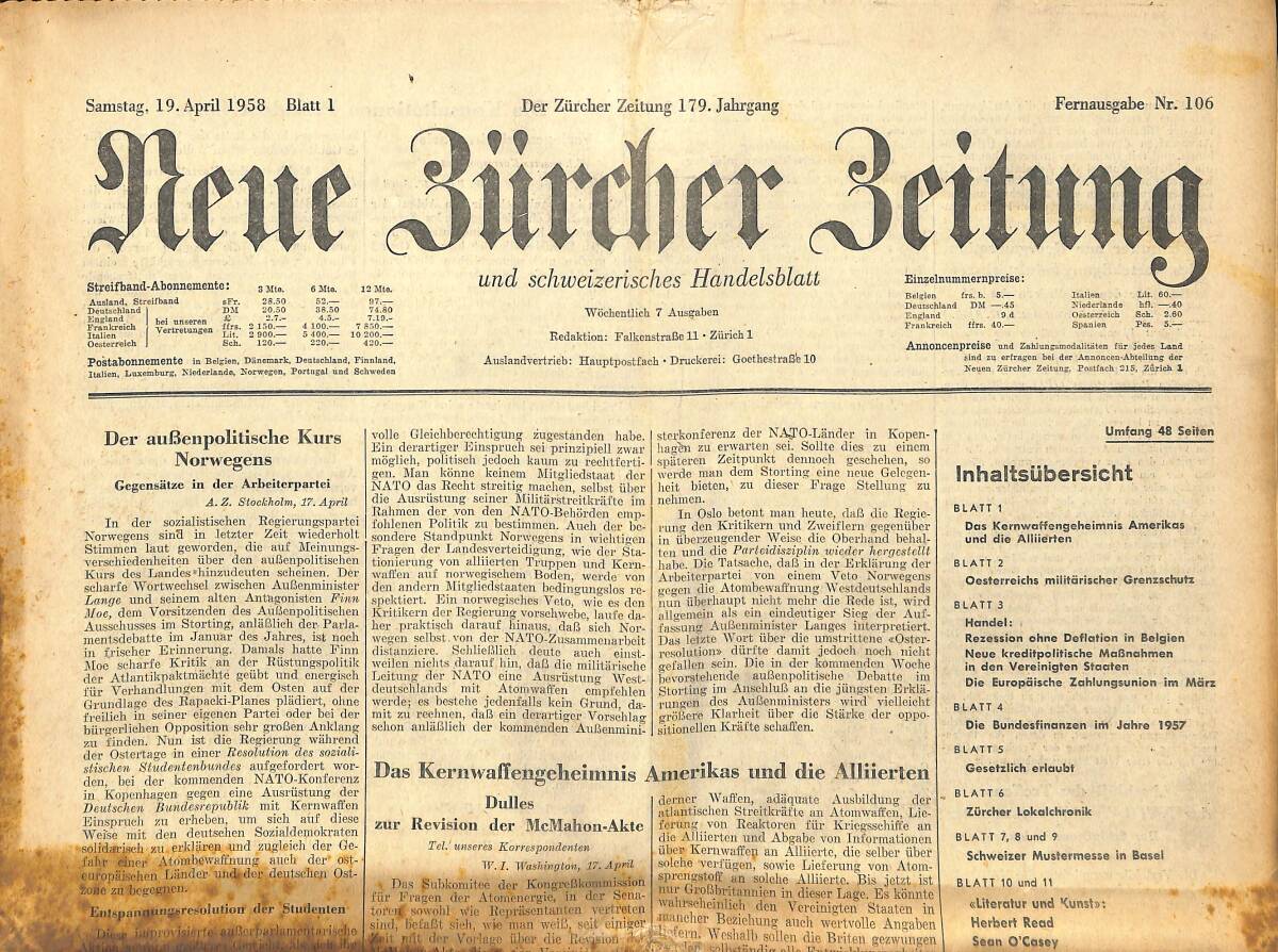 Neue Bürcher Beitung 19 April 1958 - Der AuBenpolitische Kurs Norwegens GZ140943 - 1