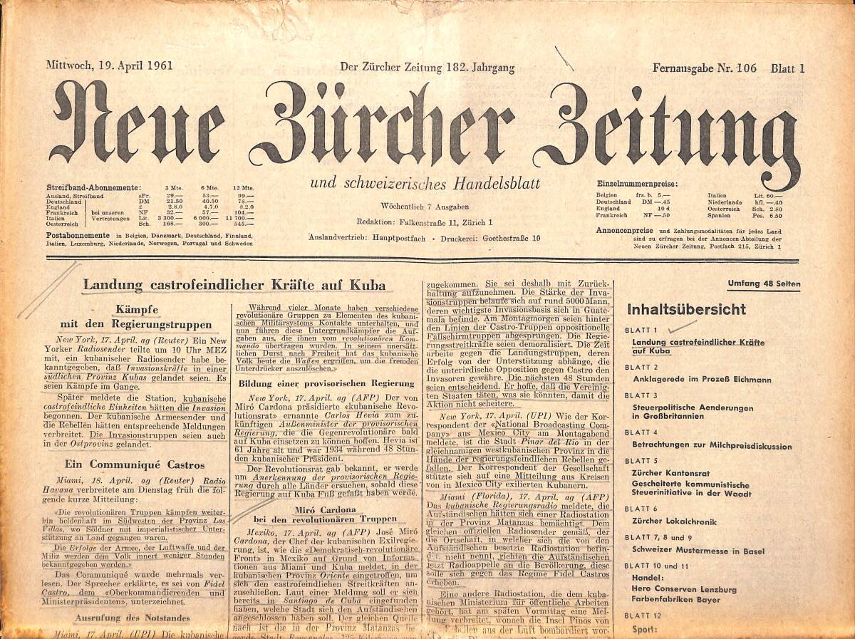 Neue Bürcher Beitung 19 April 1961 - Landung Castrofeindlicher Krafte Auf Kuba GZ140924 - 1