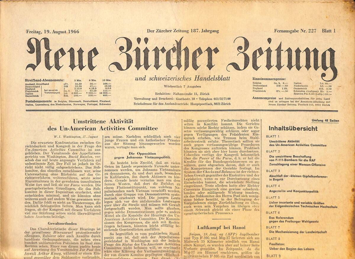 Neue Bürcher Beitung 19 August 1966 - Umstrittene Aktivitat Des Un- American Activities Committee GZ141289 - 1