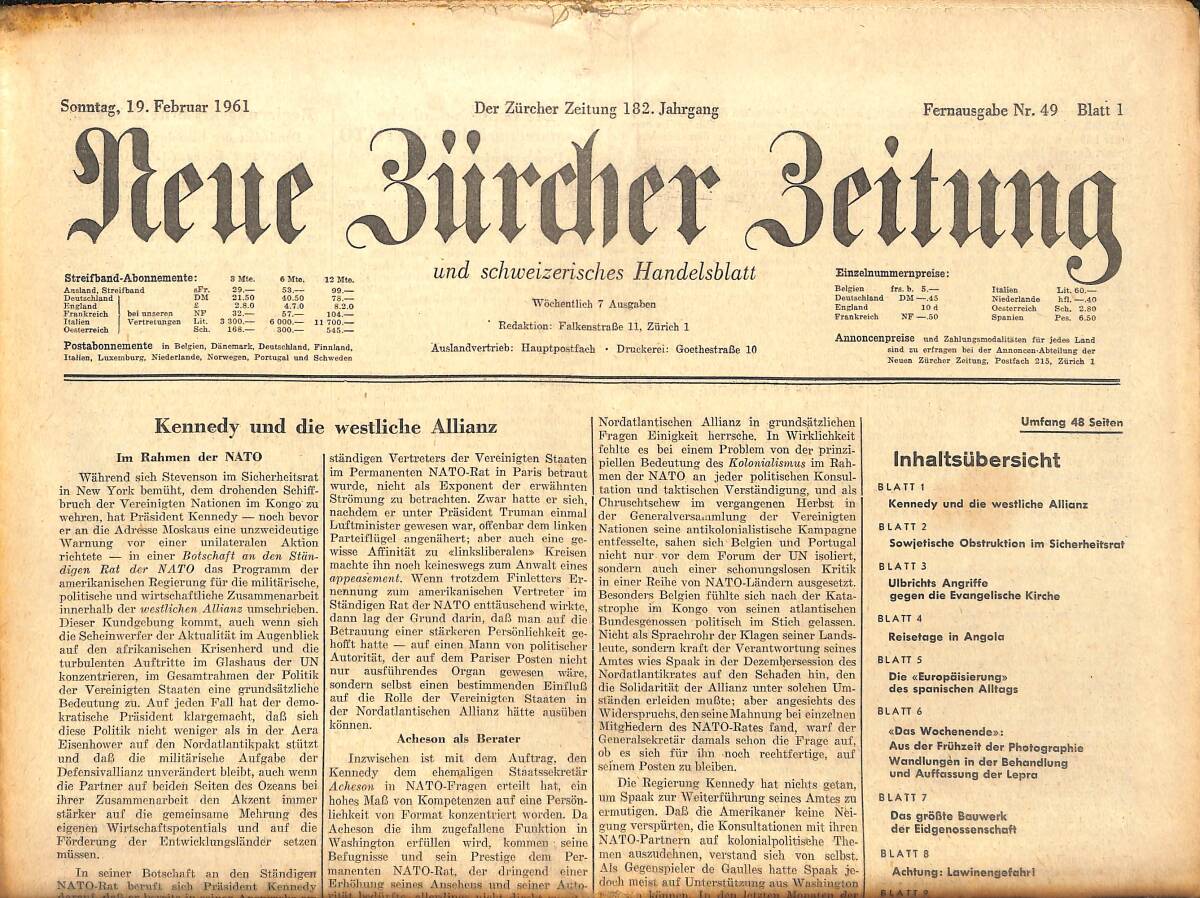 Neue Bürcher Beitung 19 Februar 1961 - Kennedy Und Die Westliche Allianz GZ141340 - 1