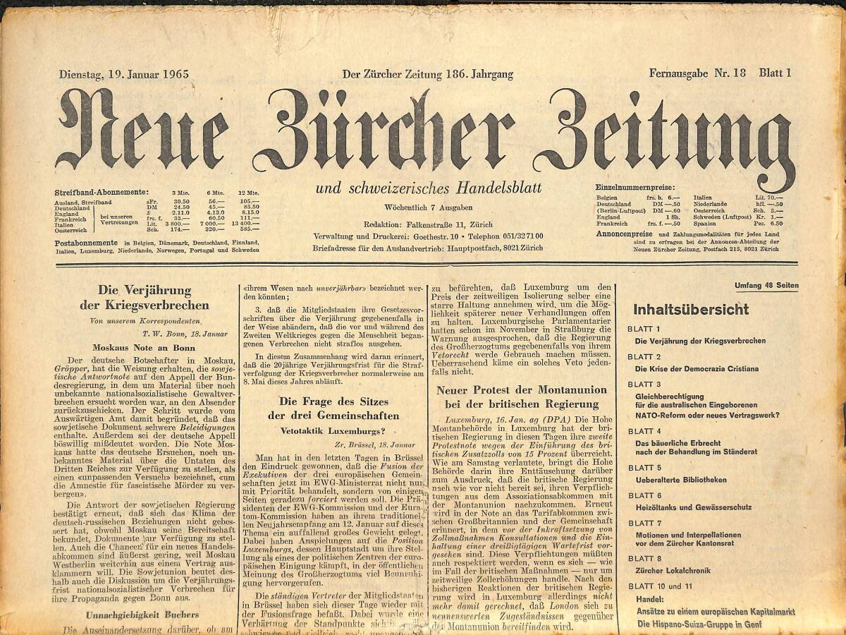 Neue Bürcher Beitung 19 Jannuar 1965 - Die Verjahrung Der Kriegsverbrechen GZ141580 - 1