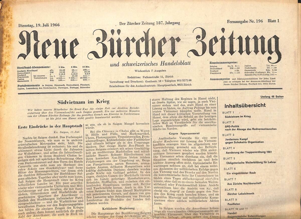 Neue Bürcher Beitung 19 Juli 1966 - Südvietnam İm Krieg GZ140883 - 1