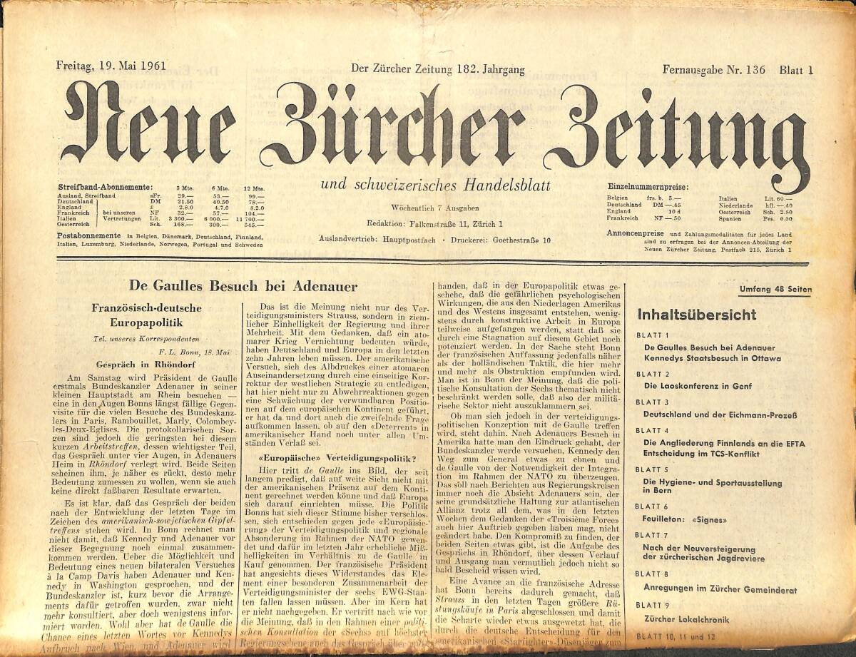 Neue Bürcher Beitung 19 Mai 1961 - De Gaulles Besuch Bei Adenauer GZ141577 - 1