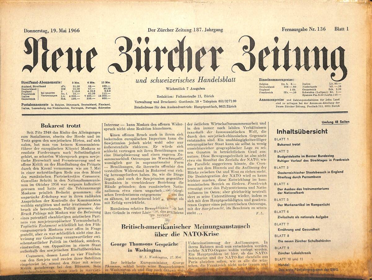 Neue Bürcher Beitung 19 Mai 1966 - Ruhiger Verlauf Des Streiktages İn Frankreich GZ141351 - 1