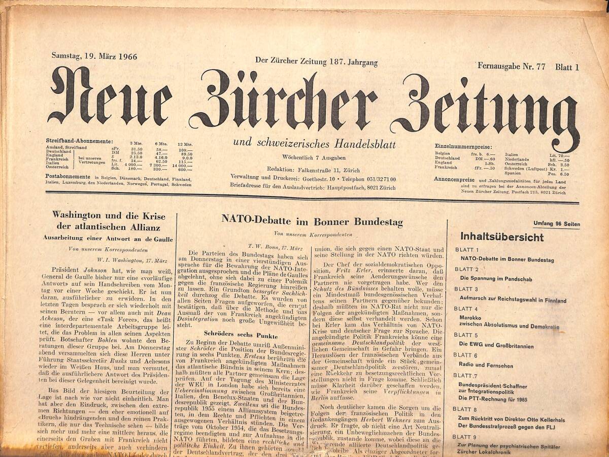 Neue Bürcher Beitung 19 Marz 1966 - Washington Und Die Krise Der Atlantischen Allianz GZ140895 - 1