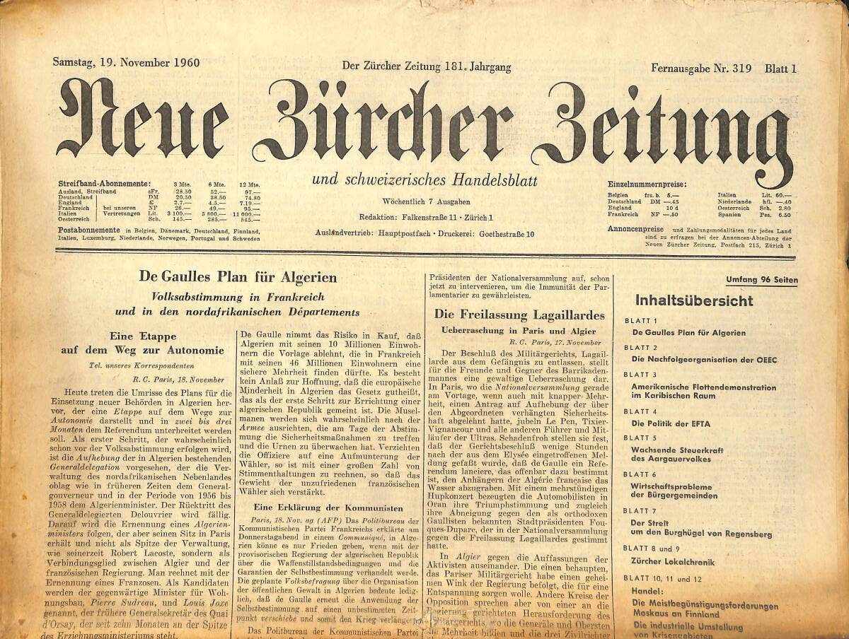 Neue Bürcher Beitung 19 November 1960 - De Gaulles Plan Für Algerien GZ141624 - 1