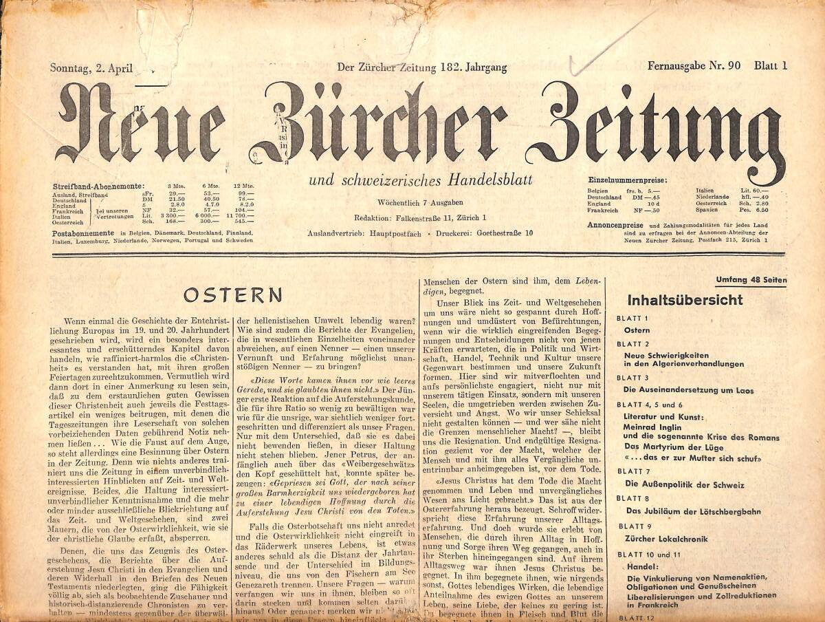 Neue Bürcher Beitung 2 April 1961 - Humanitat İn Kommunistischen Handen GZ140920 - 1