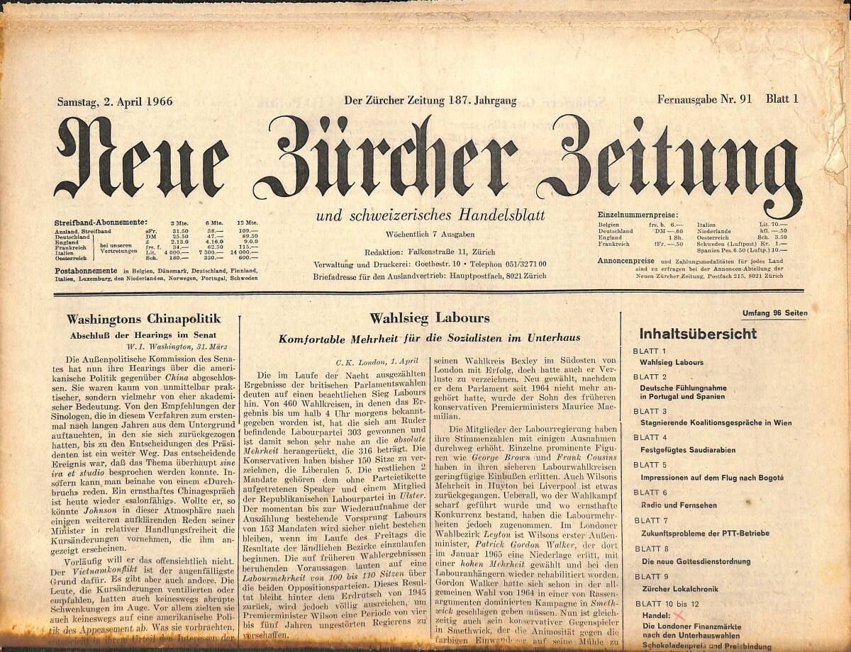 Neue Bürcher Beitung 2 April 1966 - Washingtons Chinapolitik GZ141656 - 1