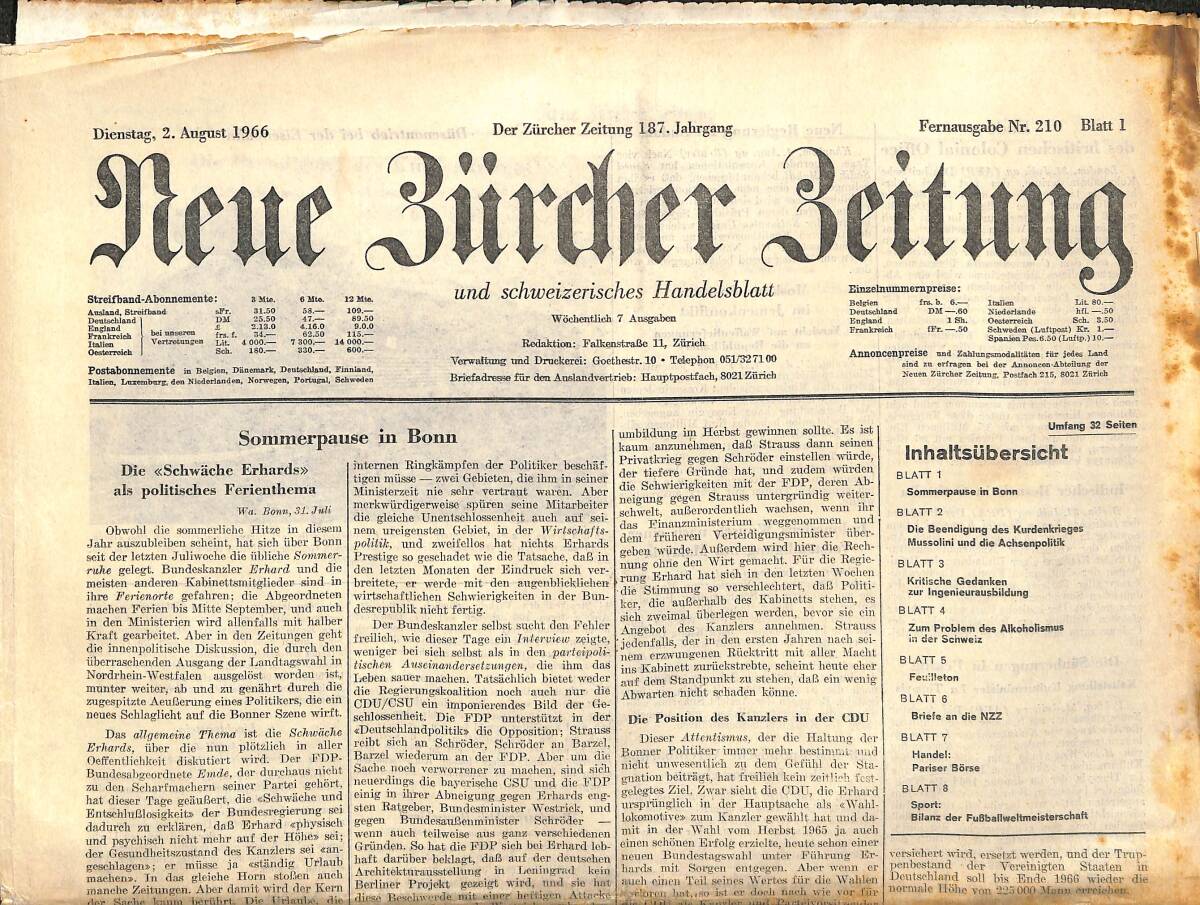 Neue Bürcher Beitung 2 August 1966 - Düsenantrieb Bei Der Eisenbahn GZ141648 - 1