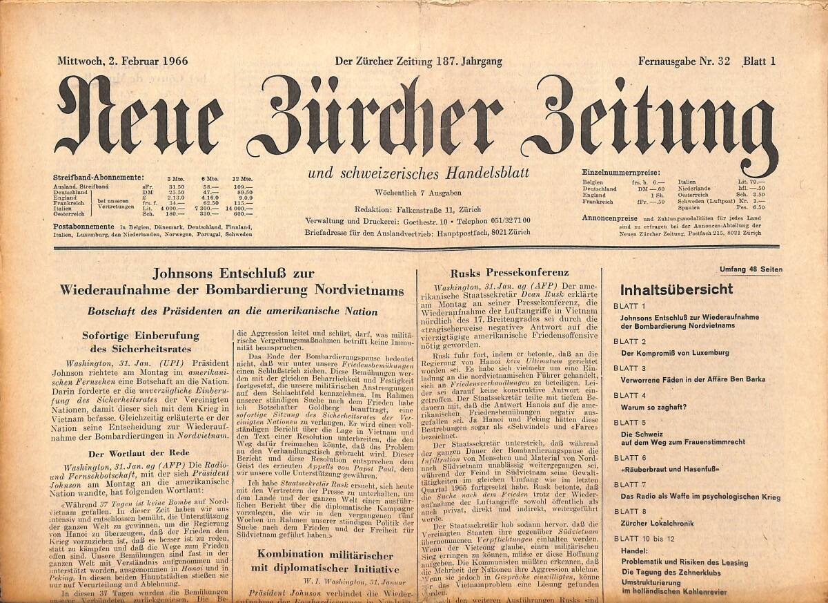 Neue Bürcher Beitung 2 Februar 1966 - Johnsons Entschlub Zur Wiederaufnahme Der Bombardierung Nordvietnams GZ140890 - 1