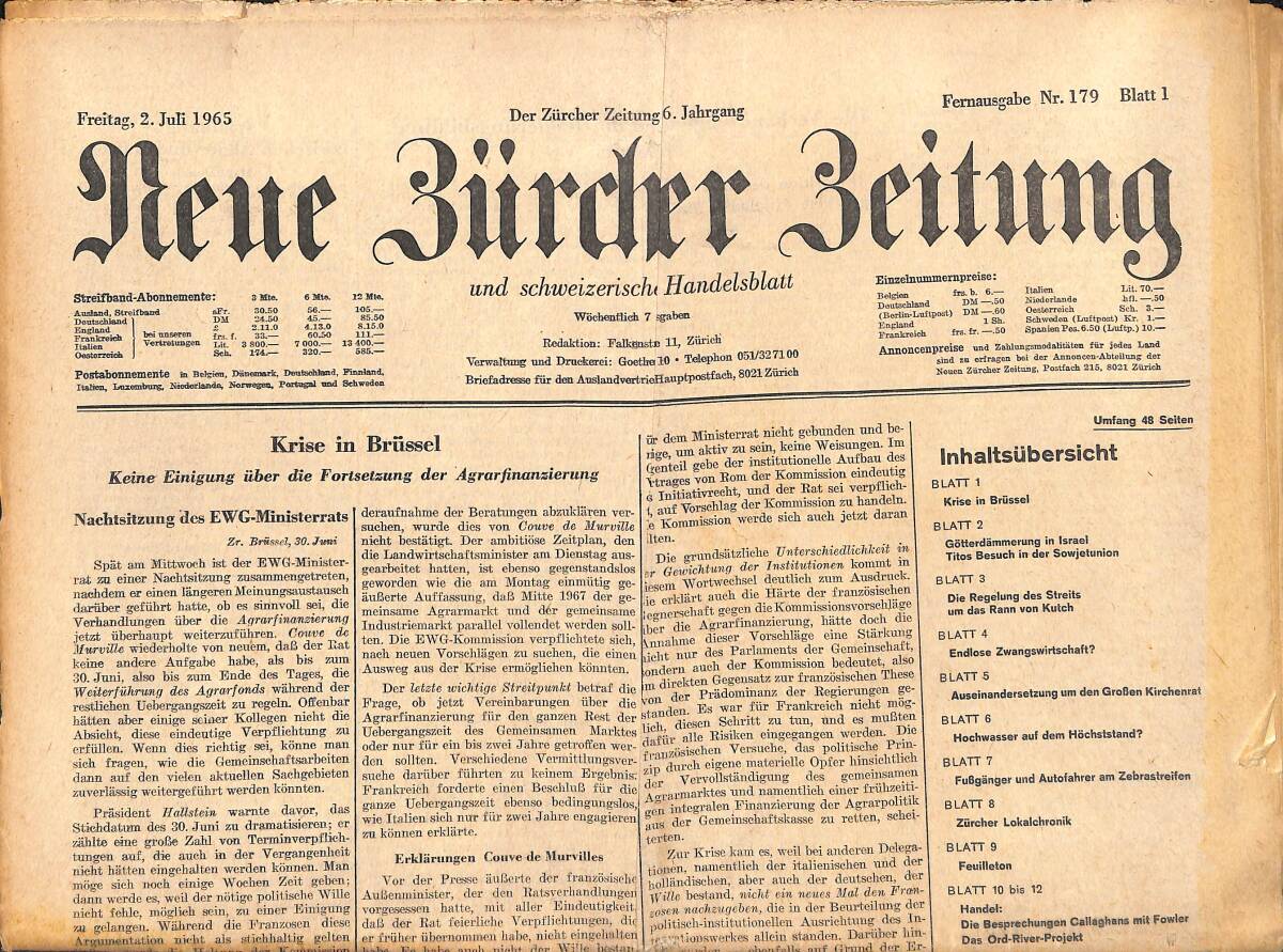 Neue Bürcher Beitung 2 Juli 1965 - Krise İn Brüssel GZ141882 - 1