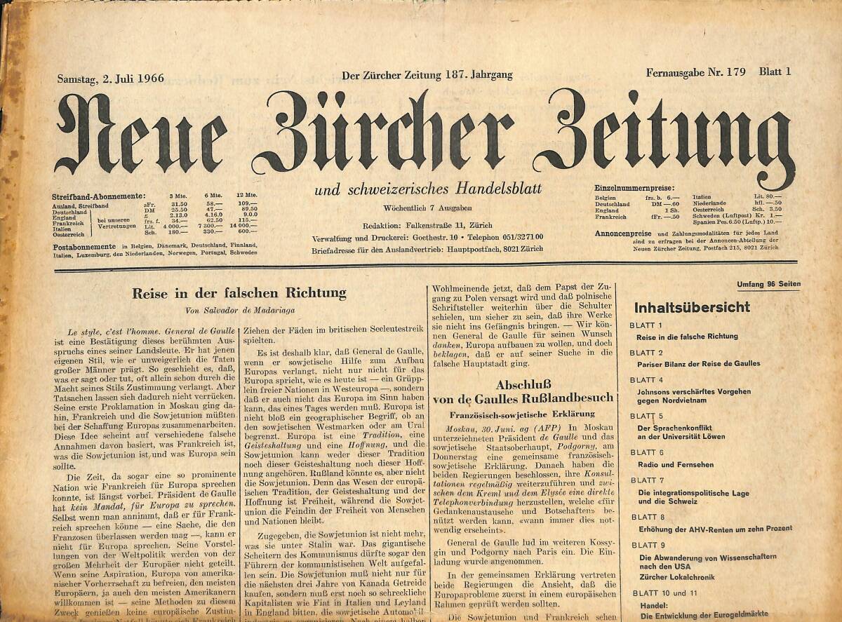 Neue Bürcher Beitung 2 Juli 1966 - Reise İn Der Falschen Richtung GZ141609 - 1