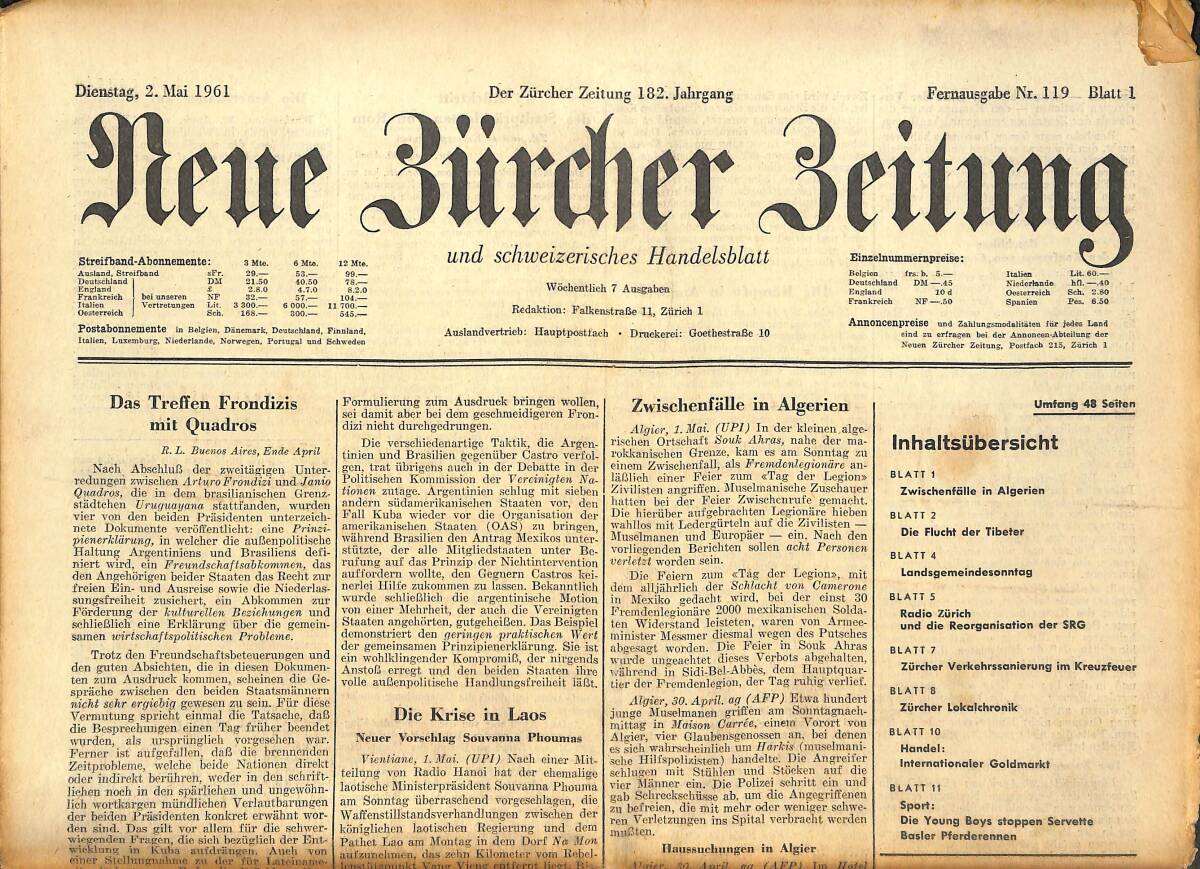 Neue Bürcher Beitung 2 Mai 1961 - Das Treffen Frondizis Mit Quadros GZ141586 - 1