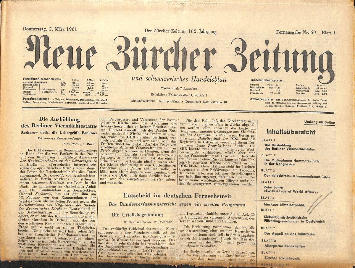 Neue Bürcher Beitung 2 Marz 1961 - Die Aushöhlung Des Berliner Viermachtestatus GZ140880 - 1