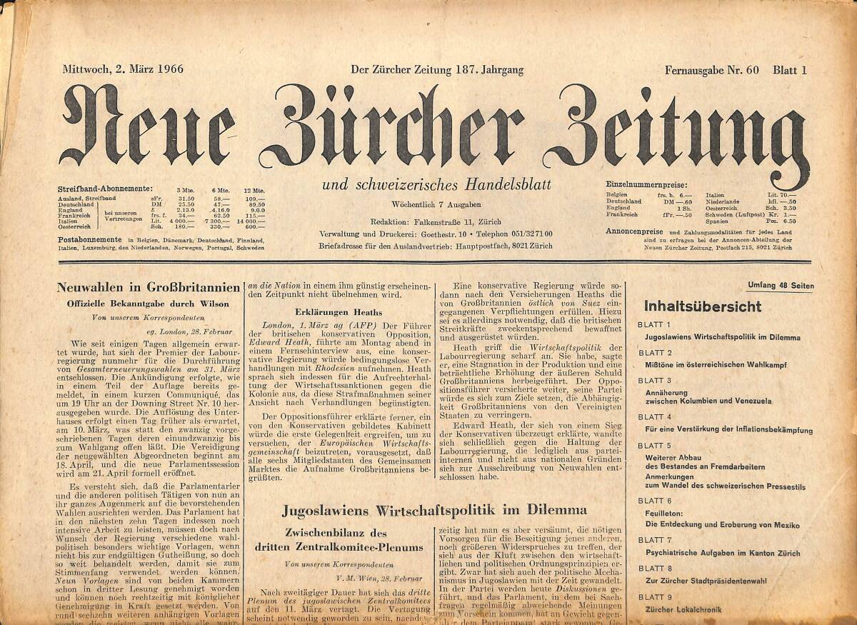 Neue Bürcher Beitung 2 Marz 1966 - Neuwahlen İn Grobbritannien GZ140865 - 1