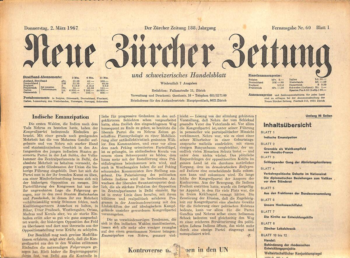 Neue Bürcher Beitung 2 Marz 1967 - Grenoble Als Wahlkampffeld Von Mendes-France GZ141637 - 1