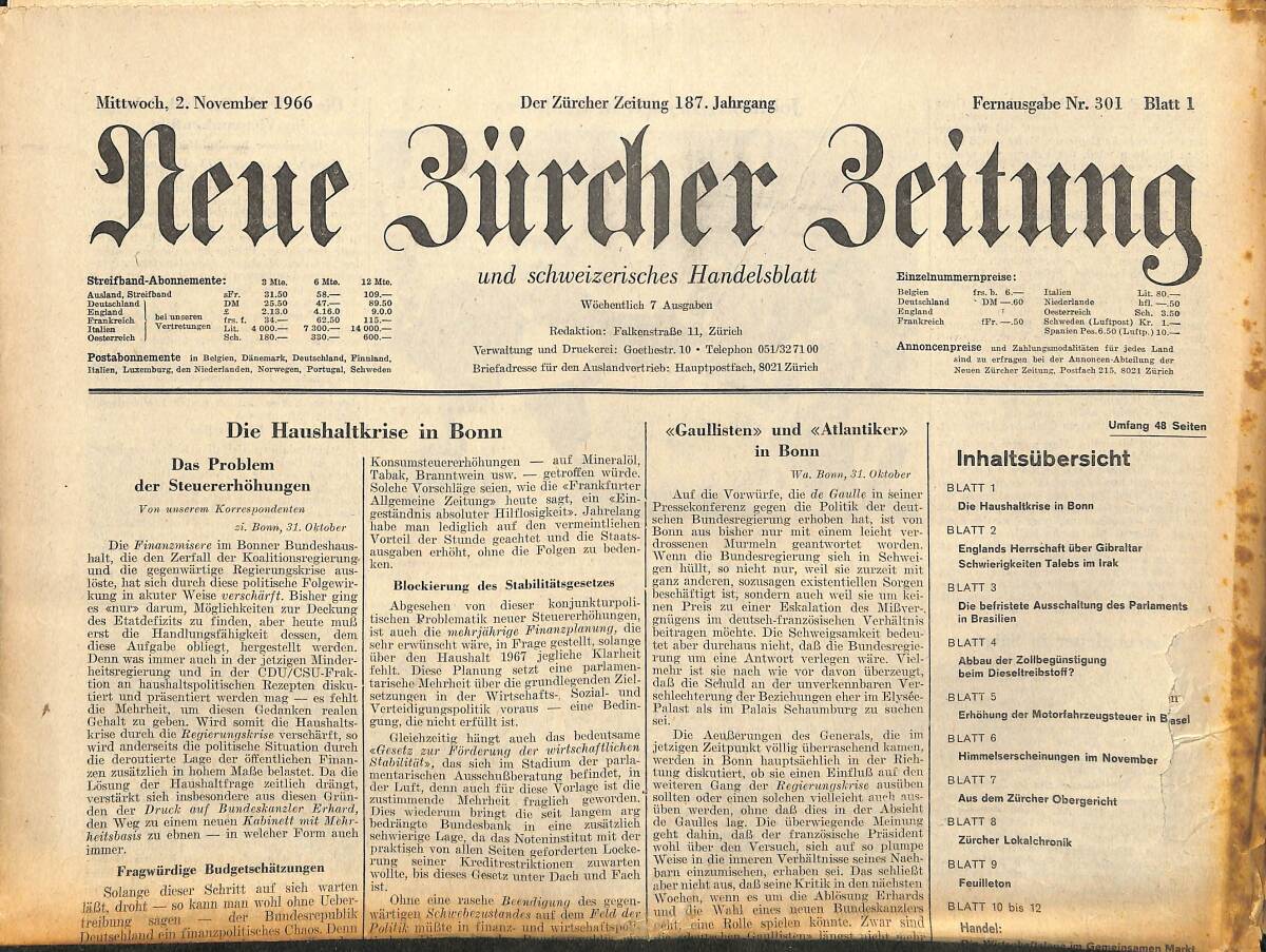 Neue Bürcher Beitung 2 November 1966 - Johnsons Besuch İn Südkorea GZ140954 - 1