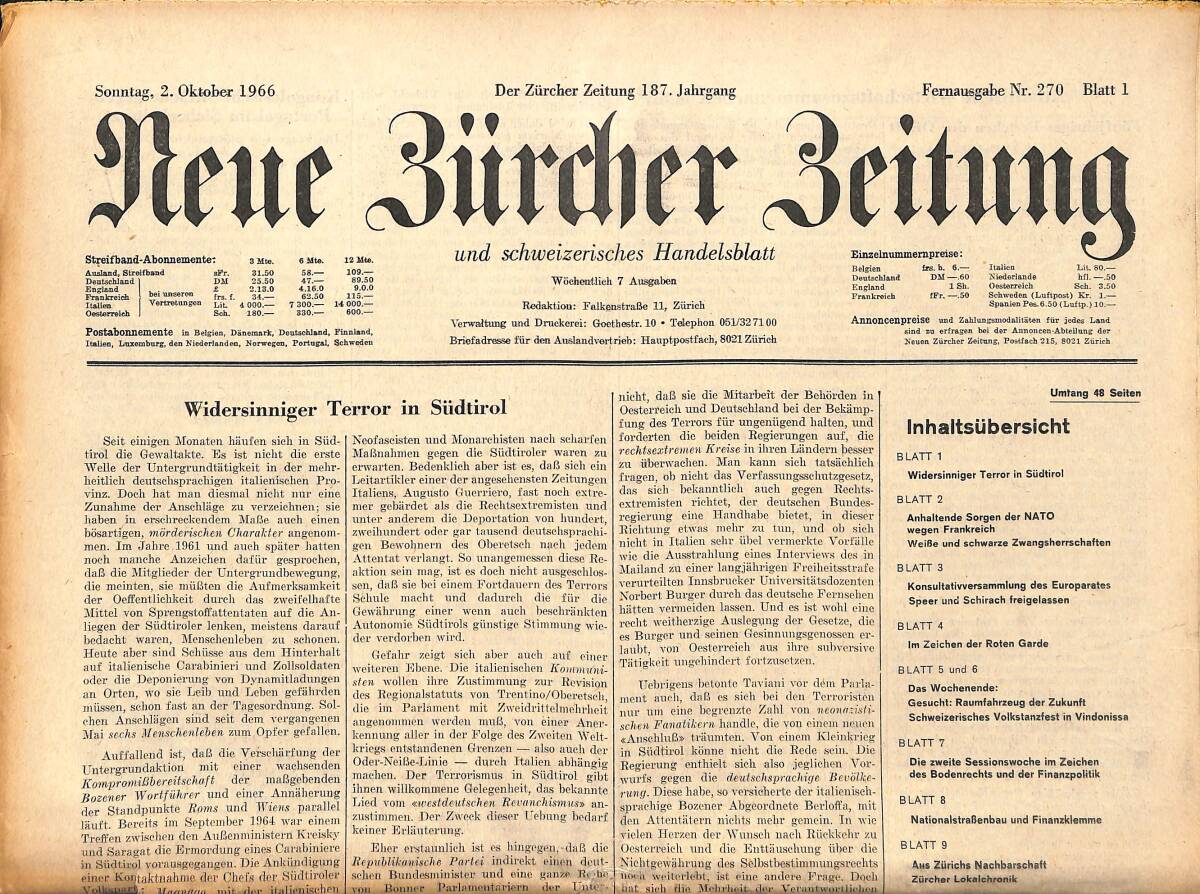 Neue Bürcher Beitung 2 Oktober 1966 - Widersinniger Terror İn Südtirol GZ141348 - 1