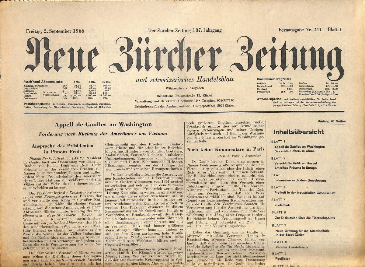Neue Bürcher Beitung 2 September 1966 - Appell De Gaulles An Washington GZ140938 - 1