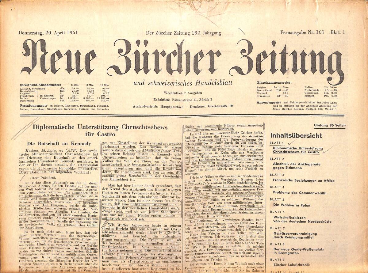 Neue Bürcher Beitung 20 April 1961 - Diplomatische Unterstützung Chruschtschews Für Castro GZ140923 - 1