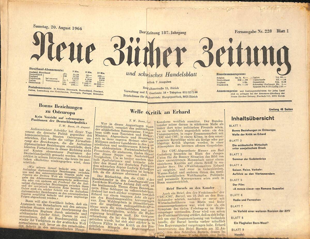 Neue Bürcher Beitung 20 August 1966 - Bonns Beziehungen Zu Osteuropa GZ141288 - 1