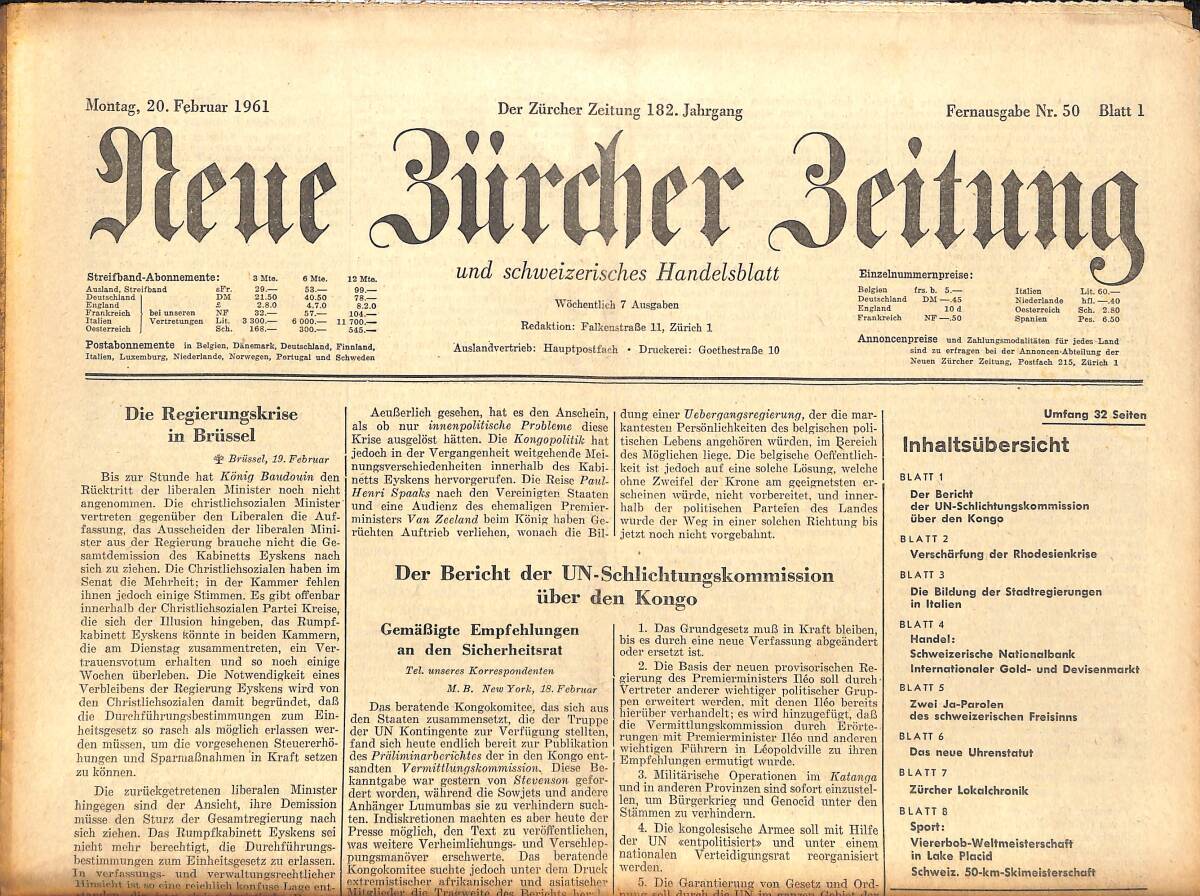 Neue Bürcher Beitung 20 Februar 1961 - Die Regierungskrise İn Brüssel GZ141339 - 1