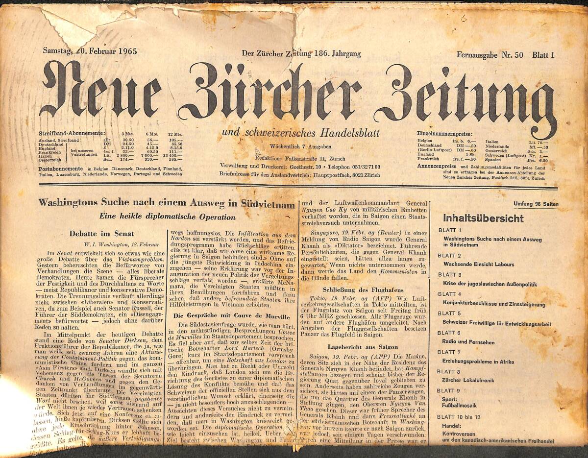 Neue Bürcher Beitung 20 Februar 1965 - Washingtons Suche Nach Einem Ausweg İn Südvietnam GZ141660 - 1