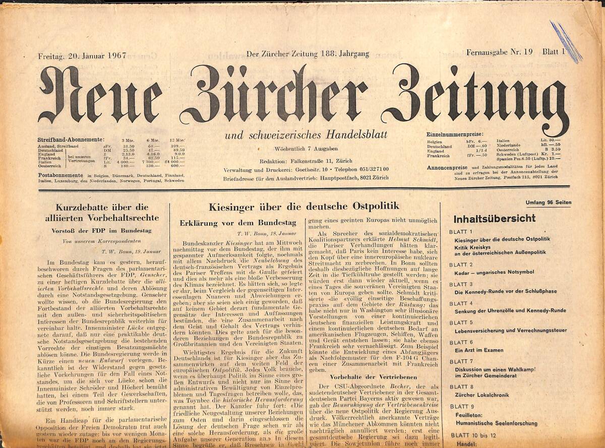 Neue Bürcher Beitung 20 Januar 1967 - Kurzdebatte Über Die Alliierten Vorbehaltsreche GZ141633 - 1