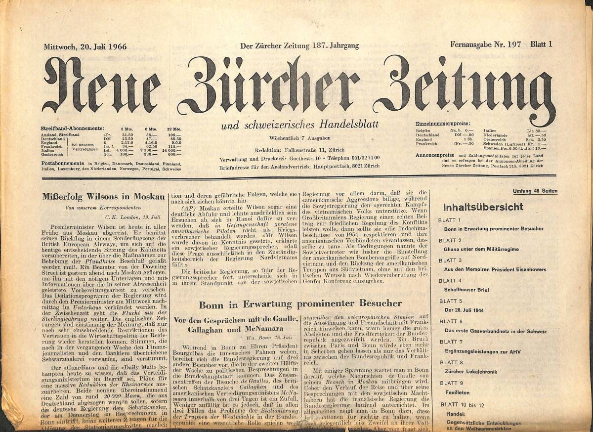 Neue Bürcher Beitung 20 Juli 1966 - Miberfolg Wilsons İn Maskau GZ141360 - 1