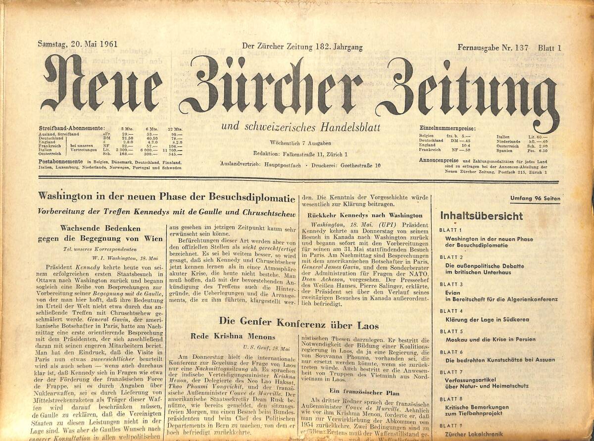 Neue Bürcher Beitung 20 Mai 1961 - Washington İn Der Neuen Phase Der Besuchsdiplomatic GZ141576 - 1