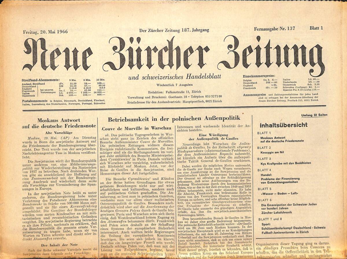 Neue Bürcher Beitung 20 Mai 1966 - Moskaus Antwort Auf Die Deutsche Friedensnote GZ141352 - 1