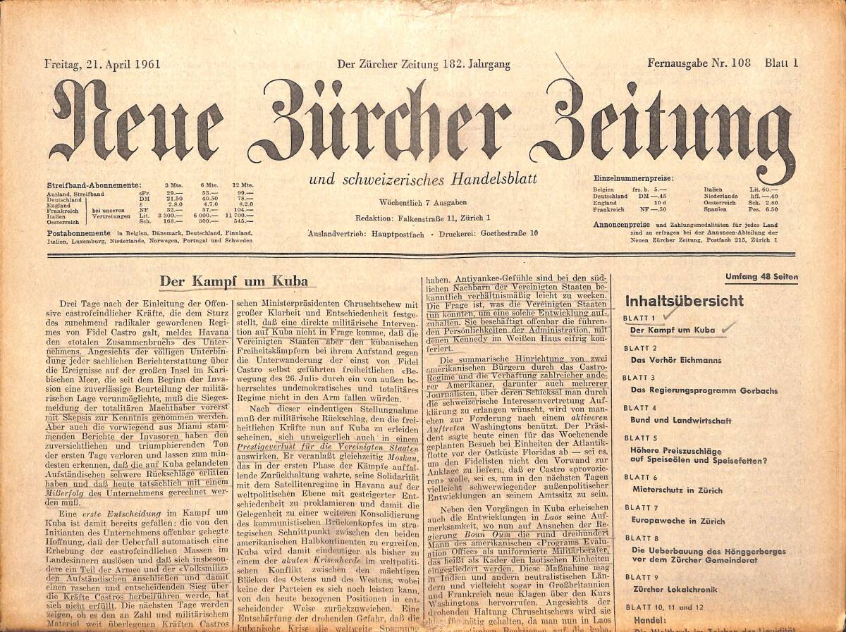 Neue Bürcher Beitung 21 April 1961 - Der Kampf Um Kuba GZ140922 - 1