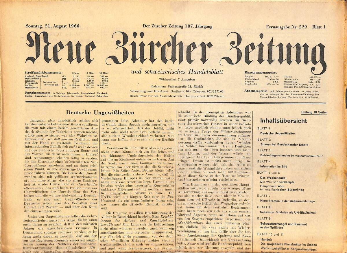 Neue Bürcher Beitung 21 August 1966 - Deutsche UngewiBheiten GZ141881 - 1