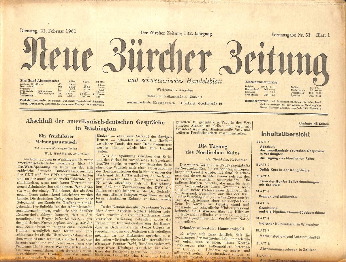 Neue Bürcher Beitung 21 Februar 1961 - Abschlub Der Amerikanisch - Deutschen Gesprache İn Washington GZ141338 - 1