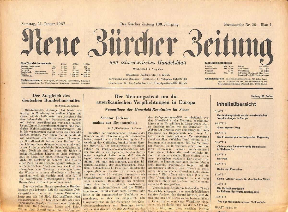 Neue Bürcher Beitung 21 Januar 1967 - Der Ausgleich Des Deutschen Bundeshaushaltes GZ141634 - 1
