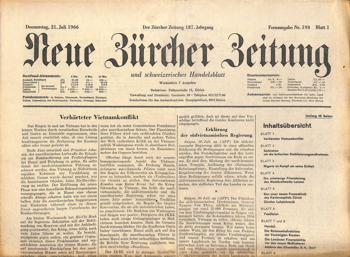 Neue Bürcher Beitung 21 Juli 1966 - Verharteter Vietnamkonflikt GZ140868 - 1