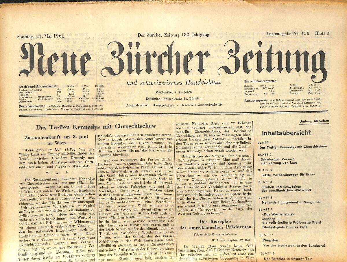Neue Bürcher Beitung 21 Mai 1961 - Das Treffen Kennedys Mit Chruschtscchew GZ141575 - 1