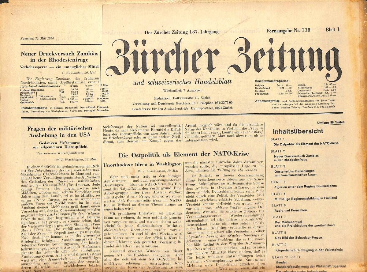 Neue Bürcher Beitung 21 Mai 1966 - Fragen Der Militarischen Aushebung İn Den USA GZ141353 - 1