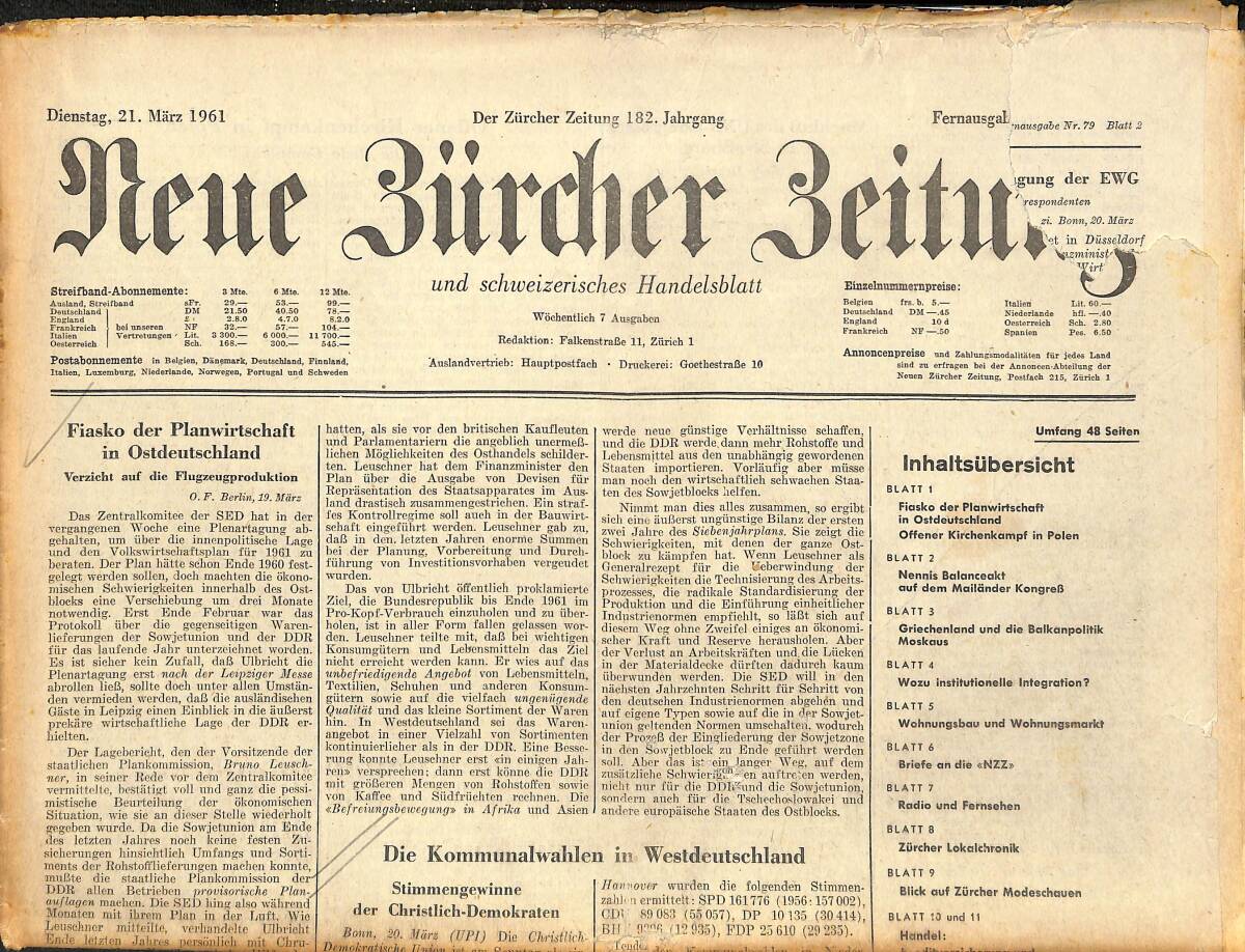 Neue Bürcher Beitung 21 Marz 1961 - Fiasko Der Planwirtschaft İn Ostdeutschland GZ141314 - 1