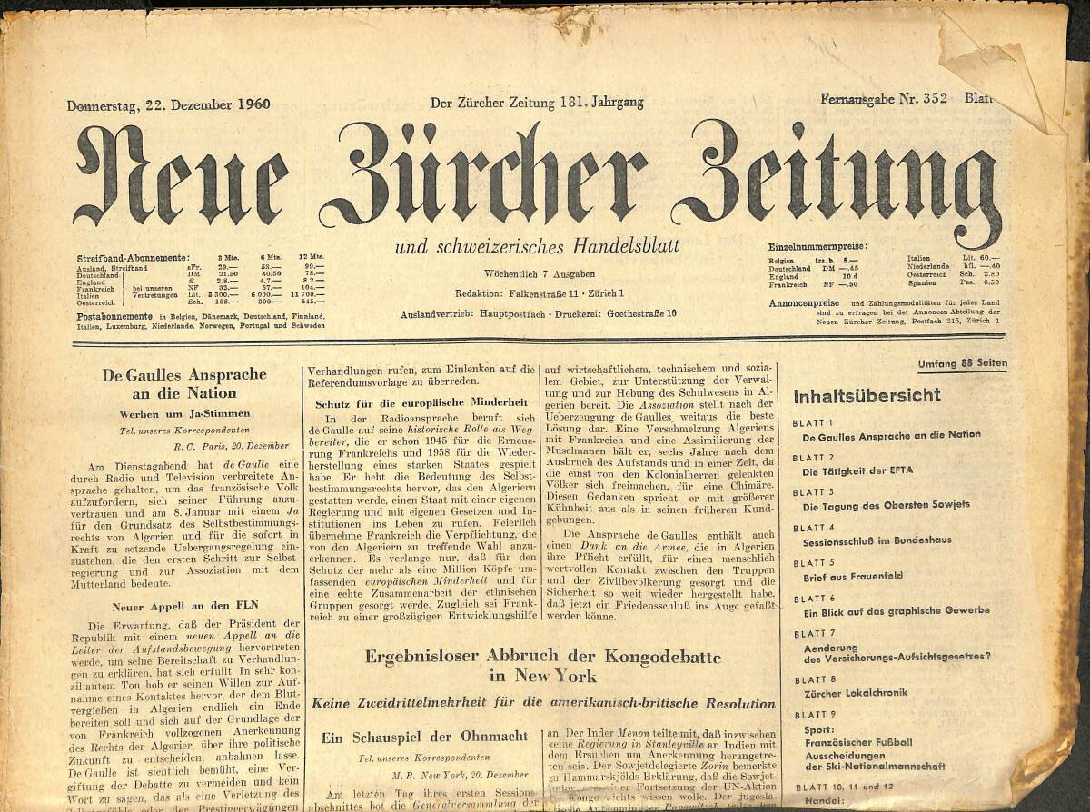 Neue Bürcher Beitung 22 December 1960 - De Gaulles Ansprache An Die Nation GZ141605 - 1