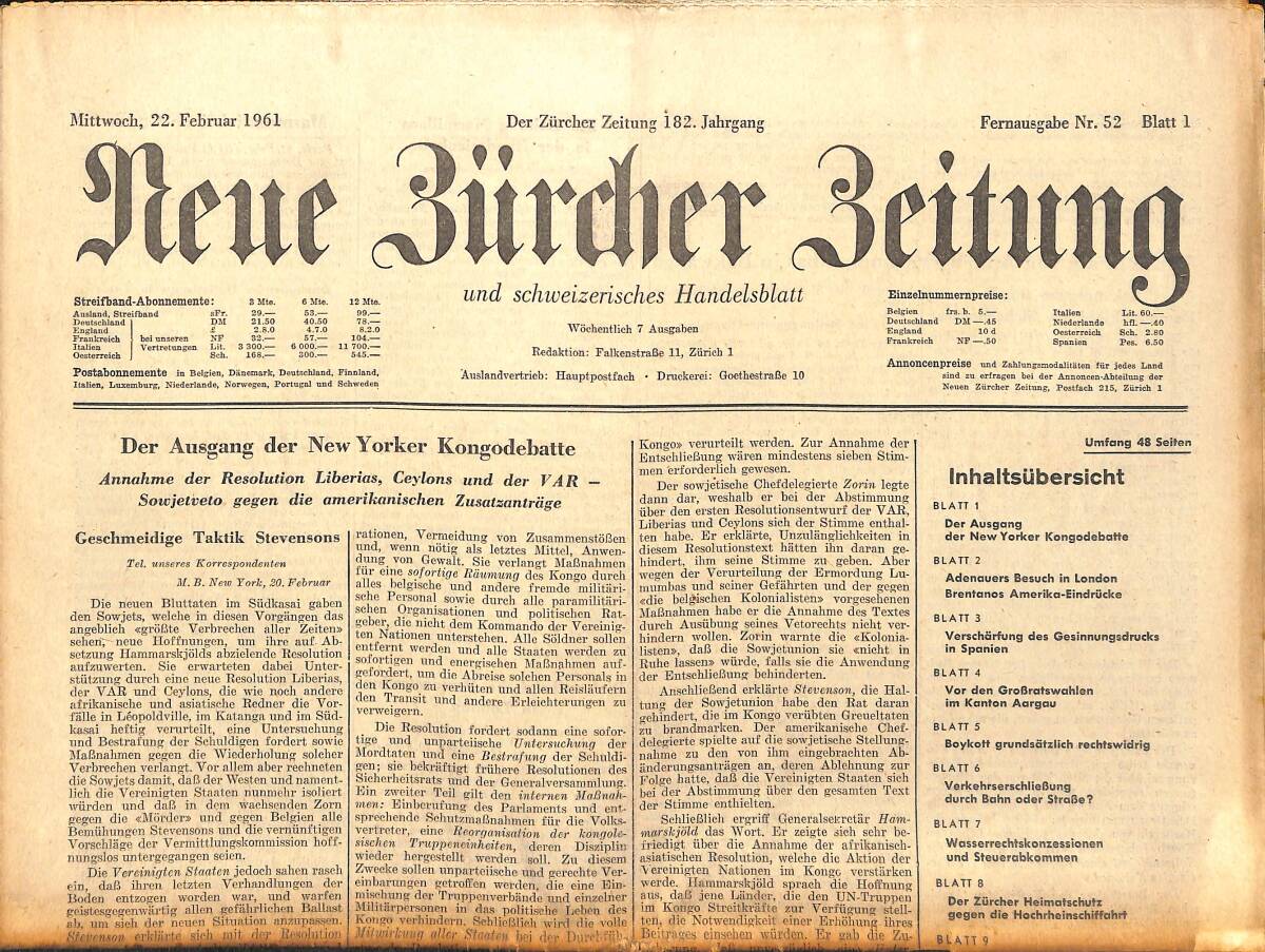 Neue Bürcher Beitung 22 Februar 1961 - Der Ausgang Der New Yorker Kongodebatte GZ141337 - 1