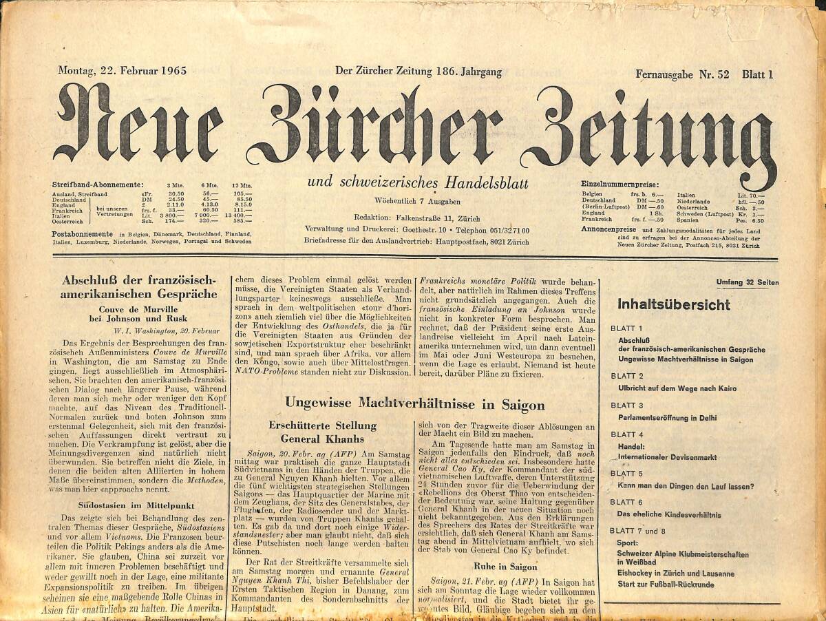 Neue Bürcher Beitung 22 Februar 1965 - Abschlub Der Franszösisch Amerikanischen Gesprache GZ141563 - 1