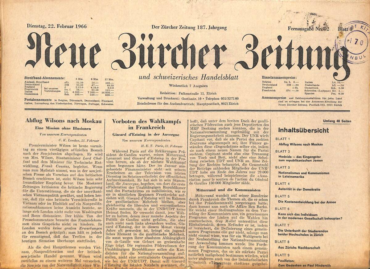 Neue Bürcher Beitung 22 Februar 1966 - Abflug Wilsons Nach Moskau GZ141654 - 1